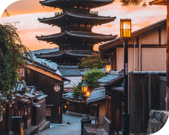 夕焼け空の京都の街並み
